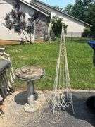 Concrete Bird Bath and Metal Garden Trellis