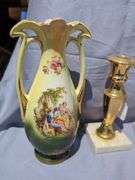 Pair of English Vases with Courting Scene and Pair of Brass Candlesticks