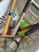 Basket of Sports Equipment: Bats, Tennis Racket, Baseballs, & More