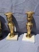 Pair of English Vases with Courting Scene and Pair of Brass Candlesticks