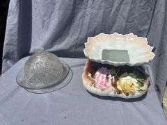 Collectible Glass Butter Dish with Lid and Floral Dish