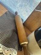 Vintage Kitchenware Set: Rolling Pin, Cabbage Cutter, Stoneware Crock, and Decorative Cloth
