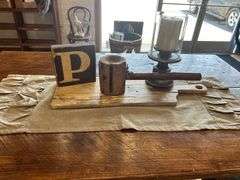 Decorative Home Accent Pieces: Wooden Mallet, Letter Block, Candle Holder