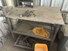Metal Work Bench with Vise, Rods, and Tools