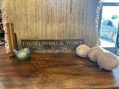 Decorative Home Accent Bundle: Sign, Bird Figurine, Fabric Balls, and Wooden Spools