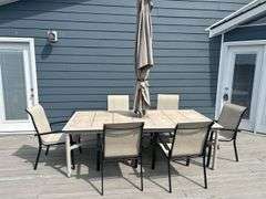 Tile Top Patio Dining Set with 6 Chairs and Umbrella