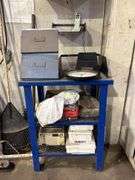Industrial Blue Metal Cart with Contents - File Boxes, Clock, and More