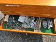 Wooden Tool Chest with Various Tools and Supplies