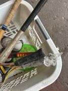 Basket of Sports Equipment: Bats, Tennis Racket, Baseballs, & More