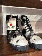 Myra Black & White Fur Leather Lace Up Boots - Size 9