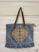 Denim Blue Tote Bag with Fringe and Geometric Design