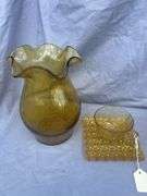 Amber Glass Vase with Ruffled Edge and Matching Cup and Saucer