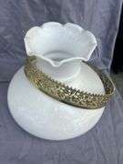 Pair of White Glass Lamp Shades with Metal Trim