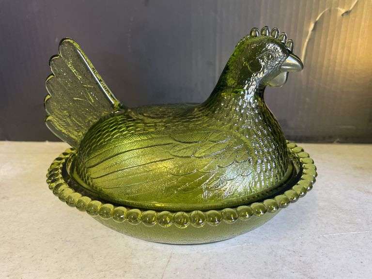 Green Glass Hen on Nest Covered Dish