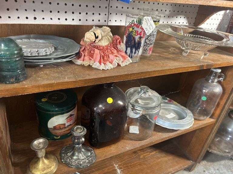 Shelf Lot: Plates, Insulator, Doll, Glassware, Kentucky Derby Glass, Bottles & More image