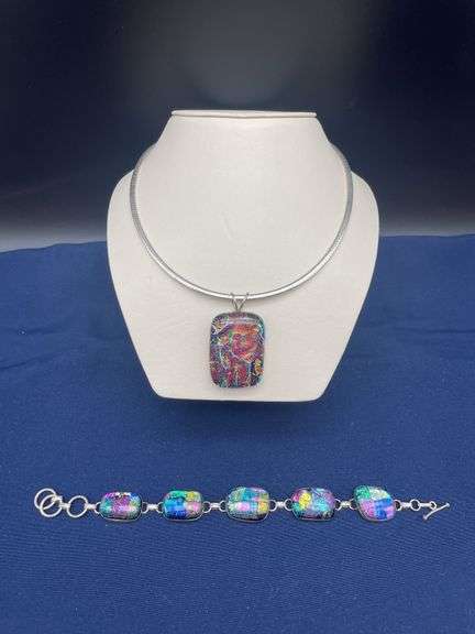 Sterling Silver Dichroic Glass Pendant Necklace and Bracelet Set image
