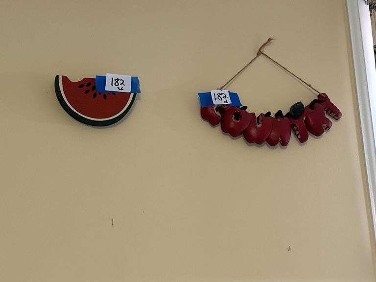 Framed Farm Aerial Photograph, Wooden Paper Towel Holder, and Watermelon Decorations