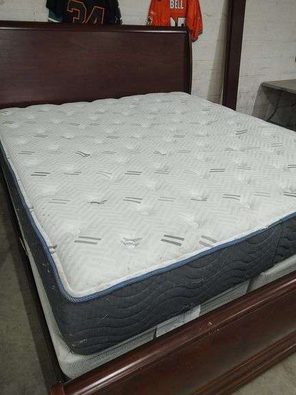 ASHLEY CHERRY FINISH KING SIZE SLEIGH BED - HEADBOARD WITH FOOTBOARD AND RAILS AND SLATS - BOX SPRINGS AND MATTRESS WILL BE GIVEN TO BUYER IF WANTED