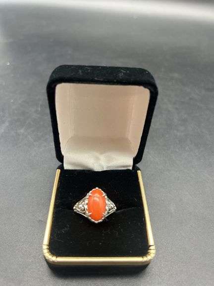 925 Sterling Silver Coral Ring Size 7.5 image