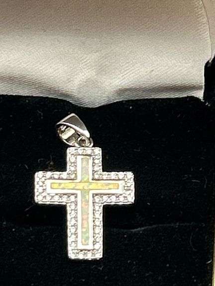 Sterling Silver 925 Opal and Cubic Zirconia Cross Pendant image