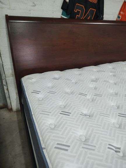 ASHLEY CHERRY FINISH KING SIZE SLEIGH BED - HEADBOARD WITH FOOTBOARD AND RAILS AND SLATS - BOX SPRINGS AND MATTRESS WILL BE GIVEN TO BUYER IF WANTED