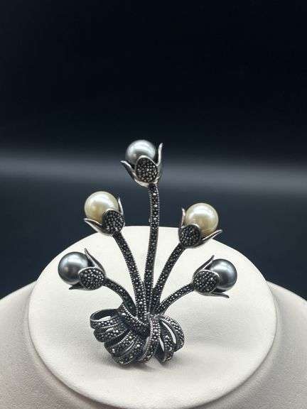 Sterling Silver Marcasite and Pearl Flower Brooch image