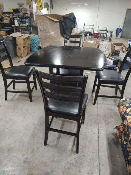 HIGH TOP DINING TABLE WITH 4 STOOLS AND UNDER TABLE STORAGE - TABLE MEASURES 53X53X36 CHAIRS ARE 23 INCHES FLOOR TO SEAT