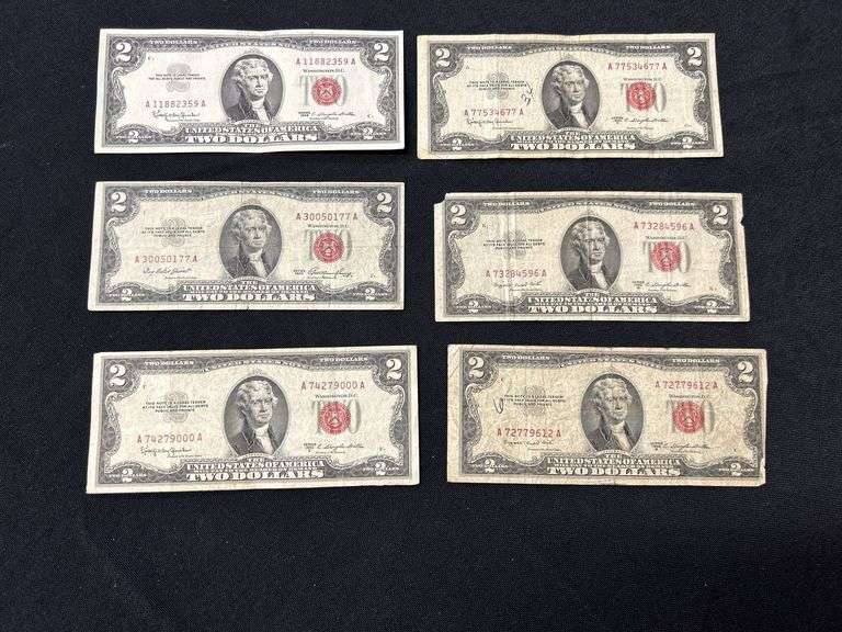 Lot of Six (6) Red Seal Two Dollar Bills