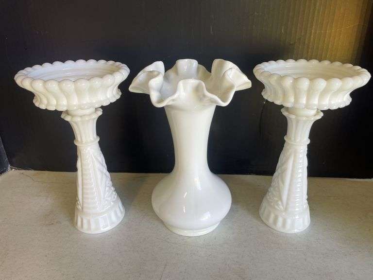 Pair of Fenton Silver Crest Candle Holders and Milk Glass Vase Set