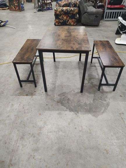 DINING TABLE WITH 2 BENCH SEATS - TABLE MEASURES 43X28X30 BENCHES ARE 20 INCHES FLOOR TO SEAT