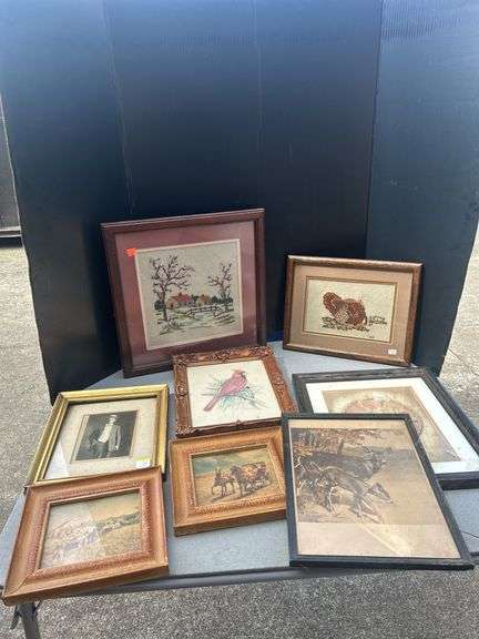 Collection of Framed Art Prints and Cross-Stitch Pictures (8 Items) image