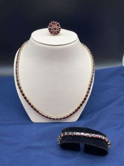 Garnet and 925 Sterling Silver Ring, Necklace, and Bracelet Jewelry Set image