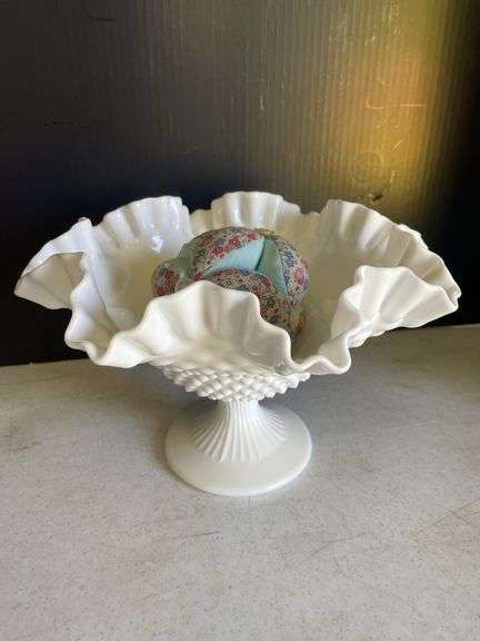 Milk Glass Compote Bowl with Fabric Ball