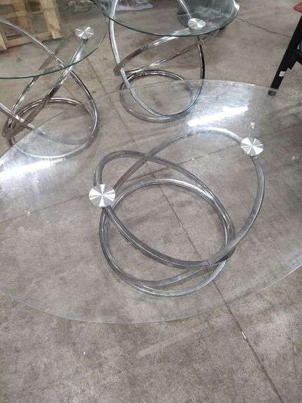 RETRO STYLE GLASS TOP COFFEE TABLE AND 2 MATCHING END TABLES