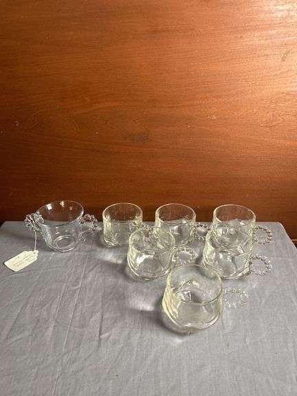 Set of Six Clear Glass Cups with Ball Design Handles and Sugar Bowl image