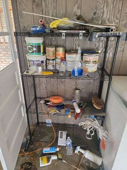 Shelf Assortment of Paint, Tools, and Cleaning Supplies image