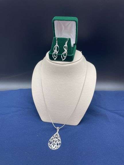 Sterling Silver Filigree Teardrop Pendant Necklace and Earrings Set image