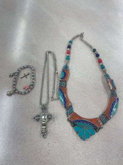 Jewelry Set: Statement Necklace, Cross Pendant, and Ribbon Bracelet image