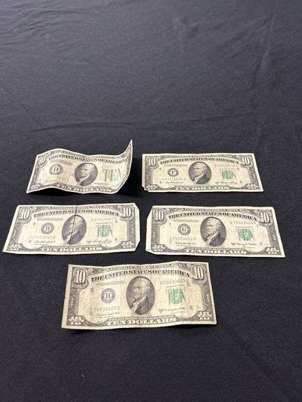 Lot of 5 Ten Dollar Federal Reserve Notes