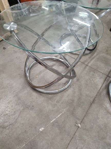 RETRO STYLE GLASS TOP COFFEE TABLE AND 2 MATCHING END TABLES