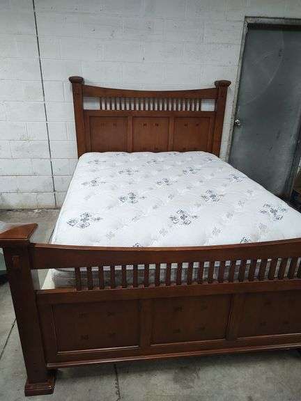 QUEEN SIZE BED - HEADBOARD WITH FOOTBOARD AND RAILS AND SLATS - BOX SPRING AND MATTRESS WILL BE GIVEN TO BUYER IF WANTED
