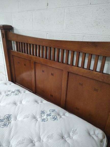 QUEEN SIZE BED - HEADBOARD WITH FOOTBOARD AND RAILS AND SLATS - BOX SPRING AND MATTRESS WILL BE GIVEN TO BUYER IF WANTED