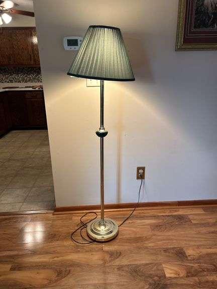 Brass Finish Floor Lamp with Green Fabric Shade image