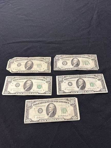 Lot of (5) US $10 Federal Reserve Notes