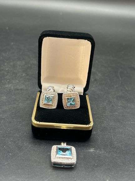 Sterling Silver 925 Blue Topaz Earrings and Pendant Set image