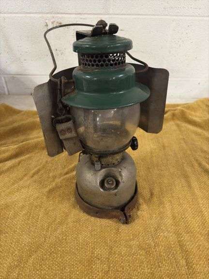 VINTAGE COLEMAN CAMPING LANTERN WITH PYREX GLASS, HEAT AND REFLECTOR SHIELD, AND CLAMP image