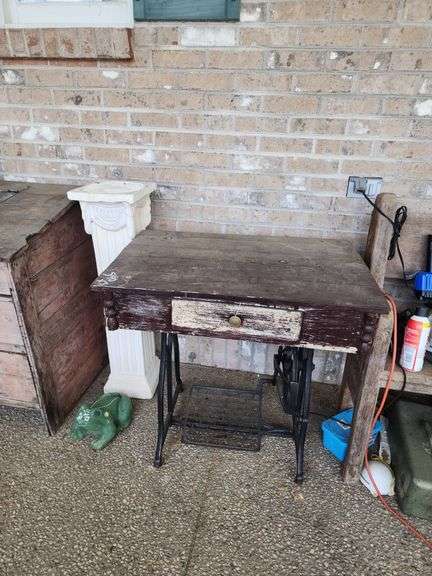 Upcycled Sewing Machine Table, Frog Lawn Ornament, and Decorative Column image