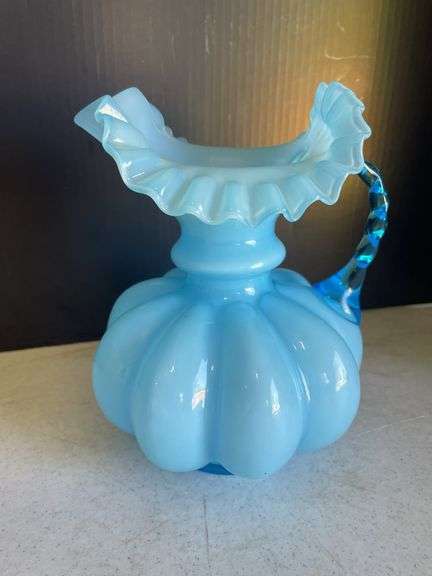 Light Blue Opalescent Glass Pitcher with Applied Handle