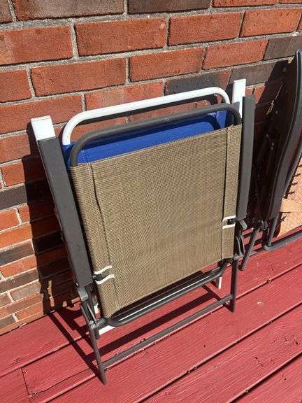 Two Folding Lounge Chairs - Blue, Tan, and Orange
