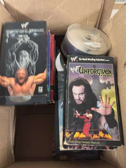 BOX OF VHS AND CD DISC.  WRESTLING VHS image